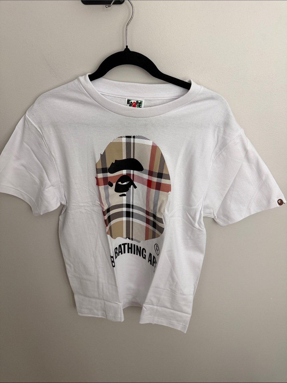 Bape White Tee with Beige and Red Plaid Ape Head